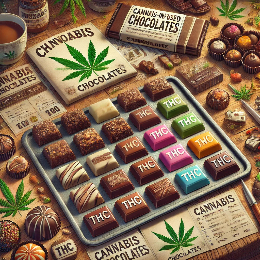 Various types of cannabis-infused chocolates, available at local cannabis dispensaries.