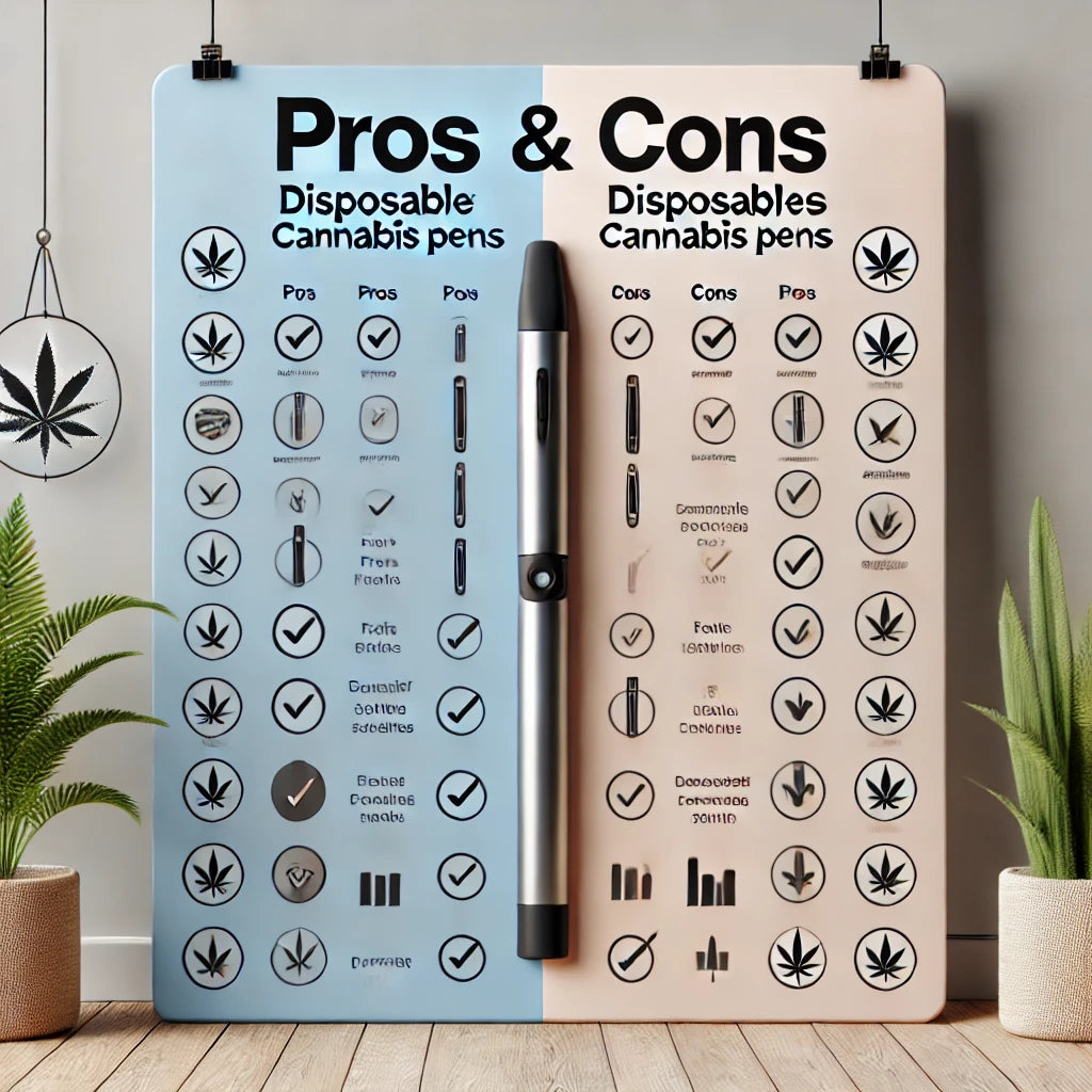 Comparison of pros and cons of disposable cannabis pens, available at local cannabis dispensaries.