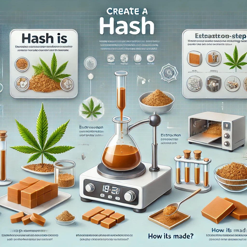 Explanation of what hash is and how it's made, available at local cannabis dispensaries.